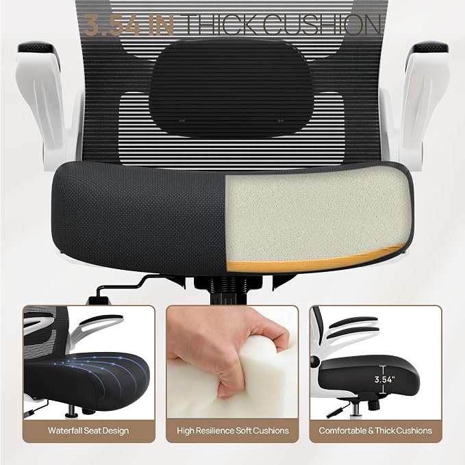 Mimoglad Ergonomic Office Chair - Desk Chair with Flip-up Armrests & 135° Recline, Adjustable Lumbar Support - Space-Saving Task Chair for Business/Team Office & Home (White Frame-Black, 300lbs) | Supports 300 lbs · Seat 19.48"–23.4" · Breathable mesh ... - Image 2
