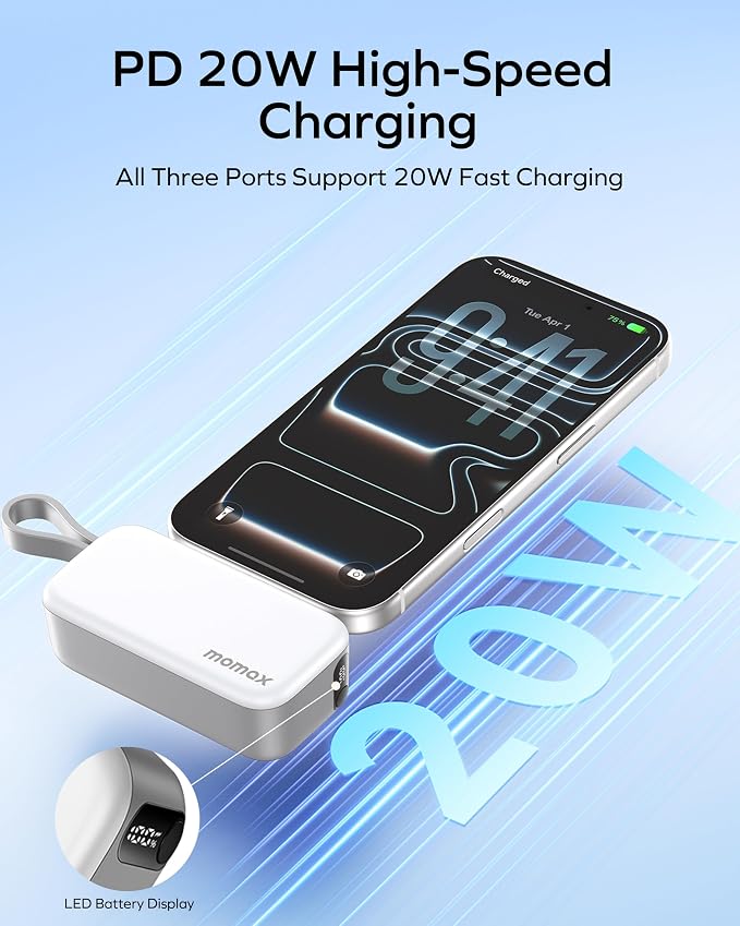 MOMAX Portable Charger 5000mAh Small Power Bank Wireless Portable Charger | PD 20W Fast Charging, 3 USB-C Port, LED Battery Display, Mini, Smart Temperature Control for iPhone 17 16 15 Pro Max, Grey - Image 4