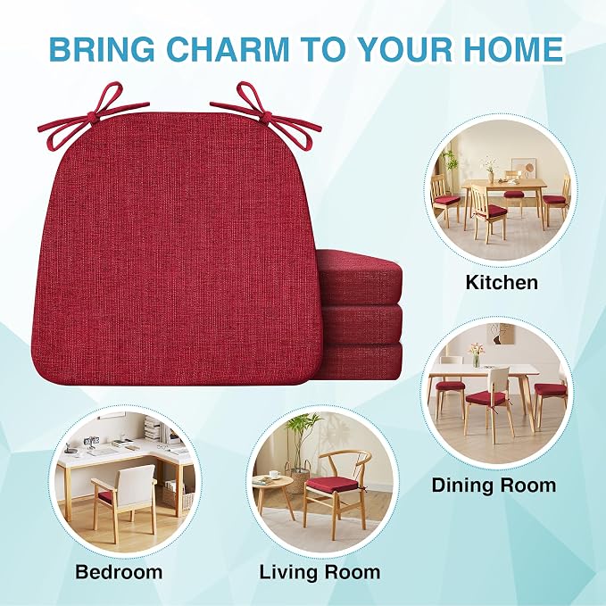 IASEAHK Chair Cushions for Dining Chairs Set of 6, Non Slip Kitchen Chair Pads, 17" x 16" x 2", Indoor Dining Chair Cushions with Ties, D-Shaped Seat Cushions for Kitchen Chairs, Red - Image 7