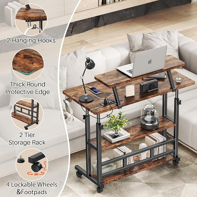 Adjustable Height Standing Desk with Power Outlets, Rolling Stand Up Desk with Monitor Stand and Storage Shelves, 31.5" Small Mobile Computer Desk, Portable Laptop Table (Retro Brown) - Image 7