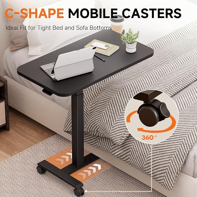 GTPLAYER Small Standing Desk with Lockable Wheels, Pneumatic Mobile Rolling Laptop Desk,Adjustable Height Overbed Bedside Table Computer Workstation for Home Office (28" W x 16" D, Black) - Image 5