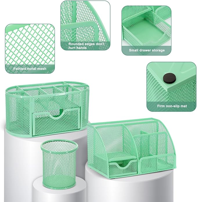 17 IN 1 Office Desk Organizer Set for Back to School Supplies Accessories | 3 Office Desk Storage Organization, 4 Pens, Stapler, Staples & Remover, Tape & Dispenser, Scissors, Ruler, Clips, Hole Punch - Image 3