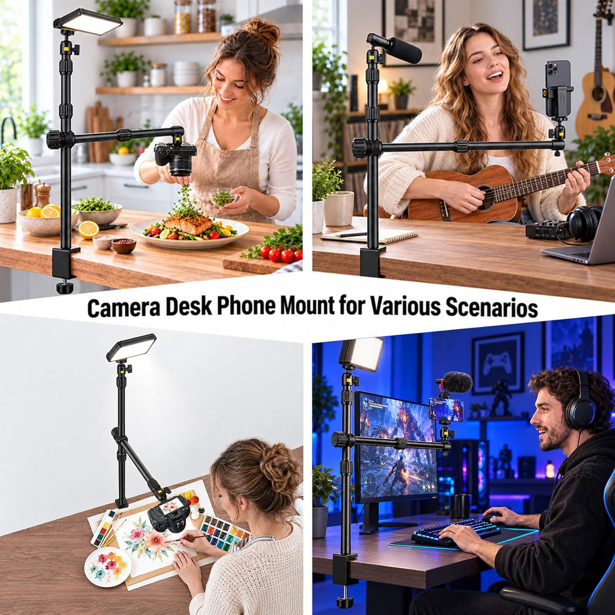 Camera Desk Mount Table Stand with Boom Arm and 1/4" Ball Head, Phone Desk Mount, Overhead Webcam Mount, Adjustable Light Stand Tabletop C Clamp for DSLR Ring Light Live Streaming Photo Video - Image 2