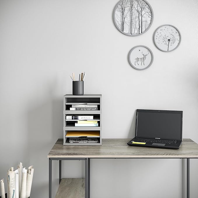 Ballucci File Organizer, 2-Tier Document Paper Sorter, Stackable Wood Desk Organizer Mail Holder, Monitor Stand with Storage Shelves, Gray - Image 7