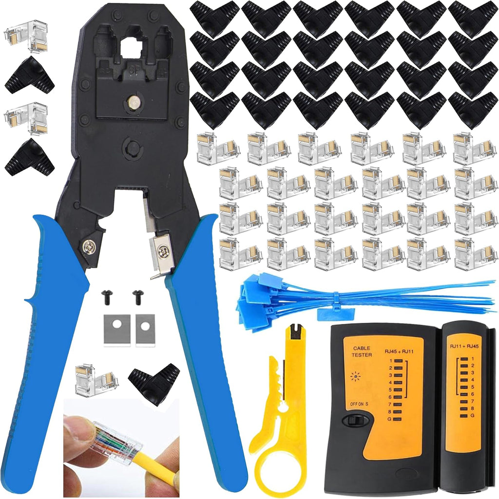 LEATBUY Crimper Cat5/Cat5e/Cat6 Crimping Tool RJ45 Crimp Tool Set for RJ11/RJ12 Internet Wire Crimp Tools Set Kits with Net Connectors, 30PCS Covers Network Wire Stripper Kit (BLACK) by LEATBUY-TECH