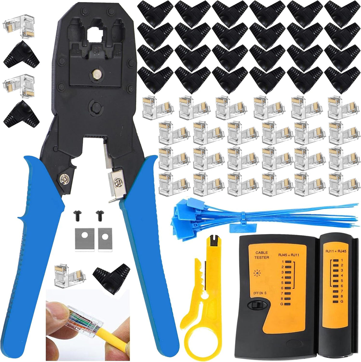 LEATBUY Crimper Cat5/Cat5e/Cat6 Crimping Tool RJ45 Crimp Tool Set for RJ11/RJ12 Internet Wire Crimp Tools Set Kits with Net Connectors, 30PCS Covers Network Wire Stripper Kit (BLACK) by LEATBUY-TECH