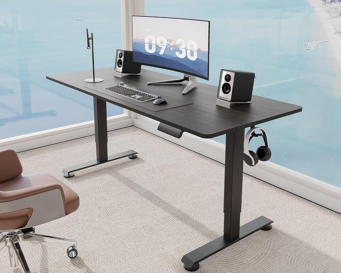 Veken 55 Inch, Height Adjustable Sit Stand Up, Wood Desktop, Work Home Office Computer PC Table, Tall Standup Workstation, Gaming Writing Study Bedroom Rising Desks, Black - Image 3