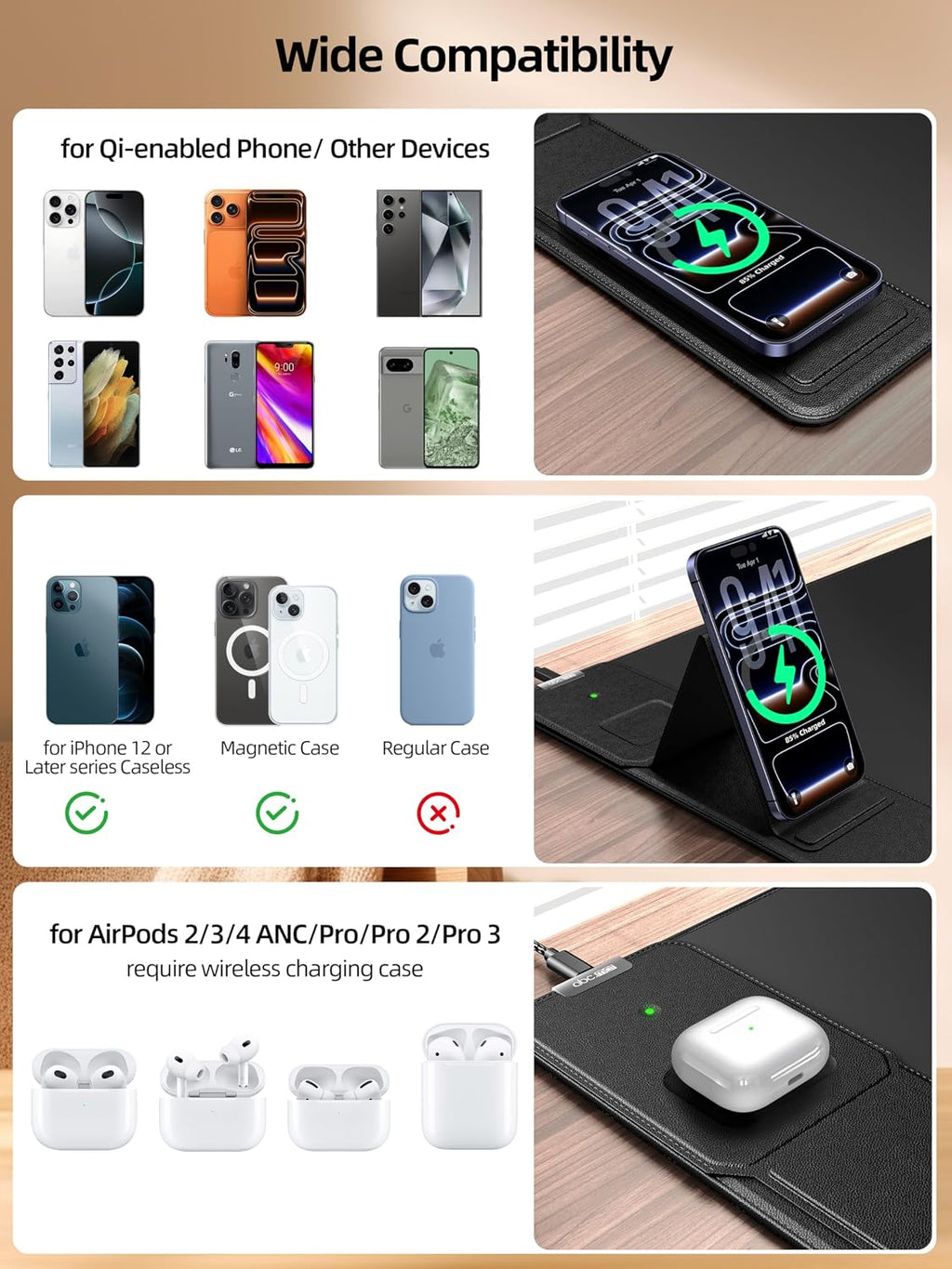 Mouse Pad with Magnetic Wireless Charging & Adjustable Phone Stand, 31.5"x15.8" Extended Desk Mat, Waterproof Ultra-Smooth Keyboard Pad, Non-Slip Base, Black - Image 7
