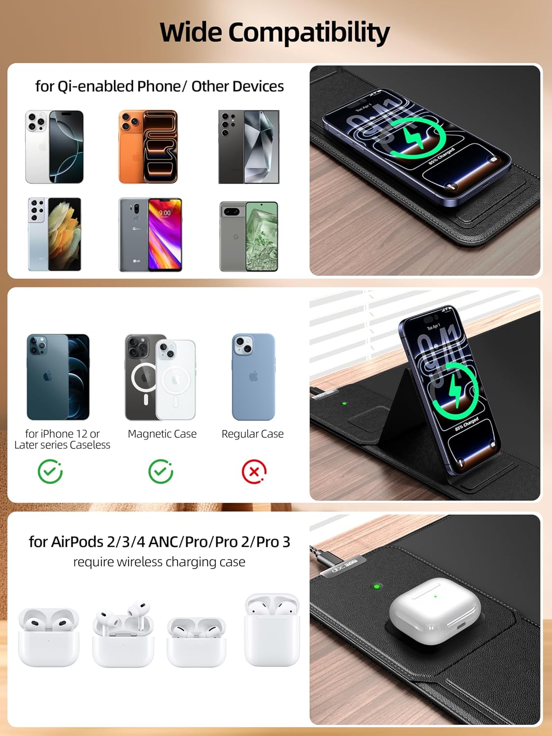 Mouse Pad with Magnetic Wireless Charging & Adjustable Phone Stand, 31.5"x15.8" Extended Desk Mat, Waterproof Ultra-Smooth Keyboard Pad, Non-Slip Base, Black - Image 7