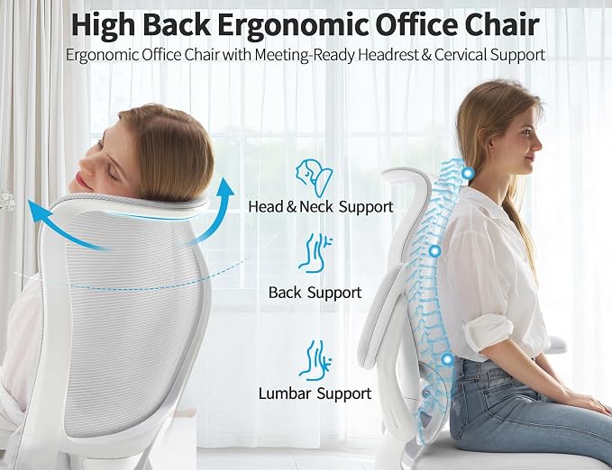 TRALT Office Chair Ergonomic Desk Chair - Gaming Chair with Lumbar Support | 330 LBS Home Office Desk Chairs , Reading Chair with Flip-up Armrests, Comfortable Computer Chairs (1, White) - Image 5