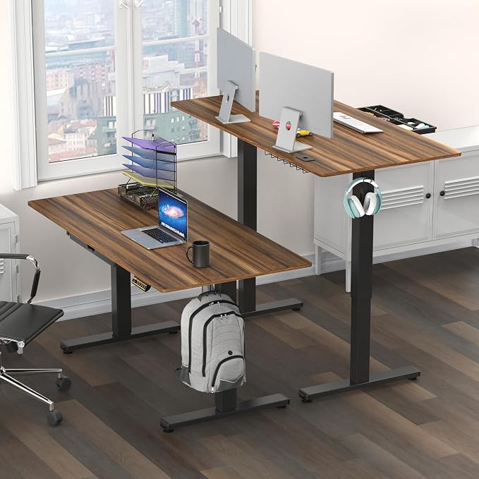 SHW 55 x 28 Electric Height Adjustable Standing Desk w/Drawer, Walnut | w/ Memory Presets and Cable Management | Drawer with adjustable compartments | Hanging Hooks - Image 2