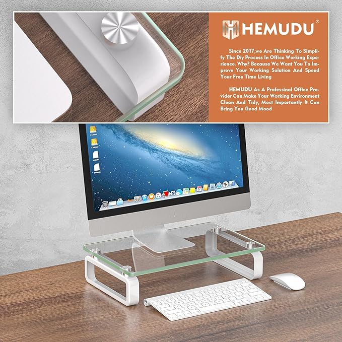 Hemudu Clear Computer Monitor Stand Riser Multi Media Desktop Stand for Flat Screen LCD LED TV, Laptop/Notebook, with Tempered Glass and Metal Legs, HD02T-001 - Image 2