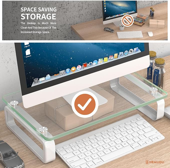 Hemudu Clear Computer Monitor Stand Riser Multi Media Desktop Stand for Flat Screen LCD LED TV, Laptop/Notebook, with Tempered Glass and Metal Legs, HD02T-001 - Image 4