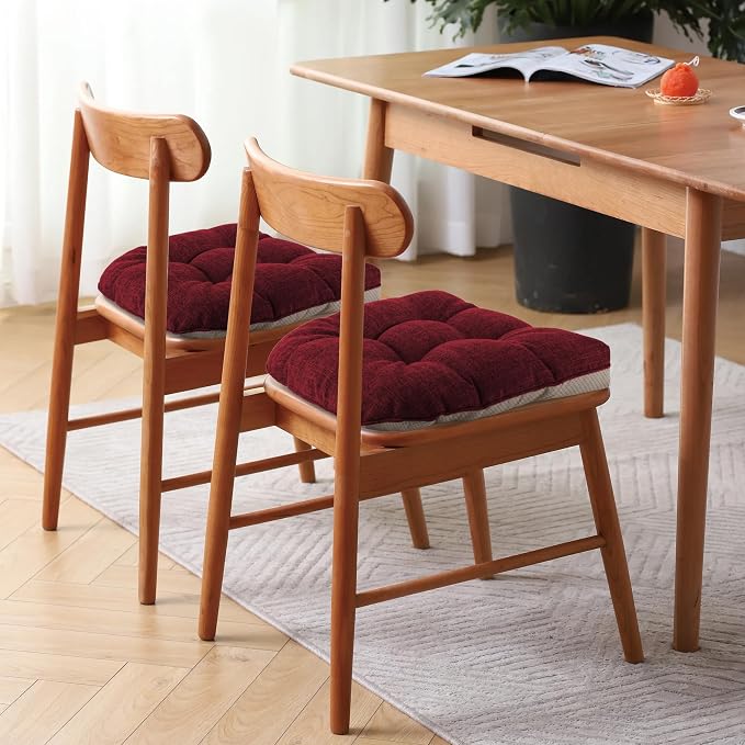 Chair Cushions for Dining Chairs Set of 2, 18"x18"x3", Red | Non-Slip with Ties, Tufted, Faux Linen, Seat Cushions for Dining Room Kitchen Breakfast Nook Indoor Home Office Living Room - Image 5