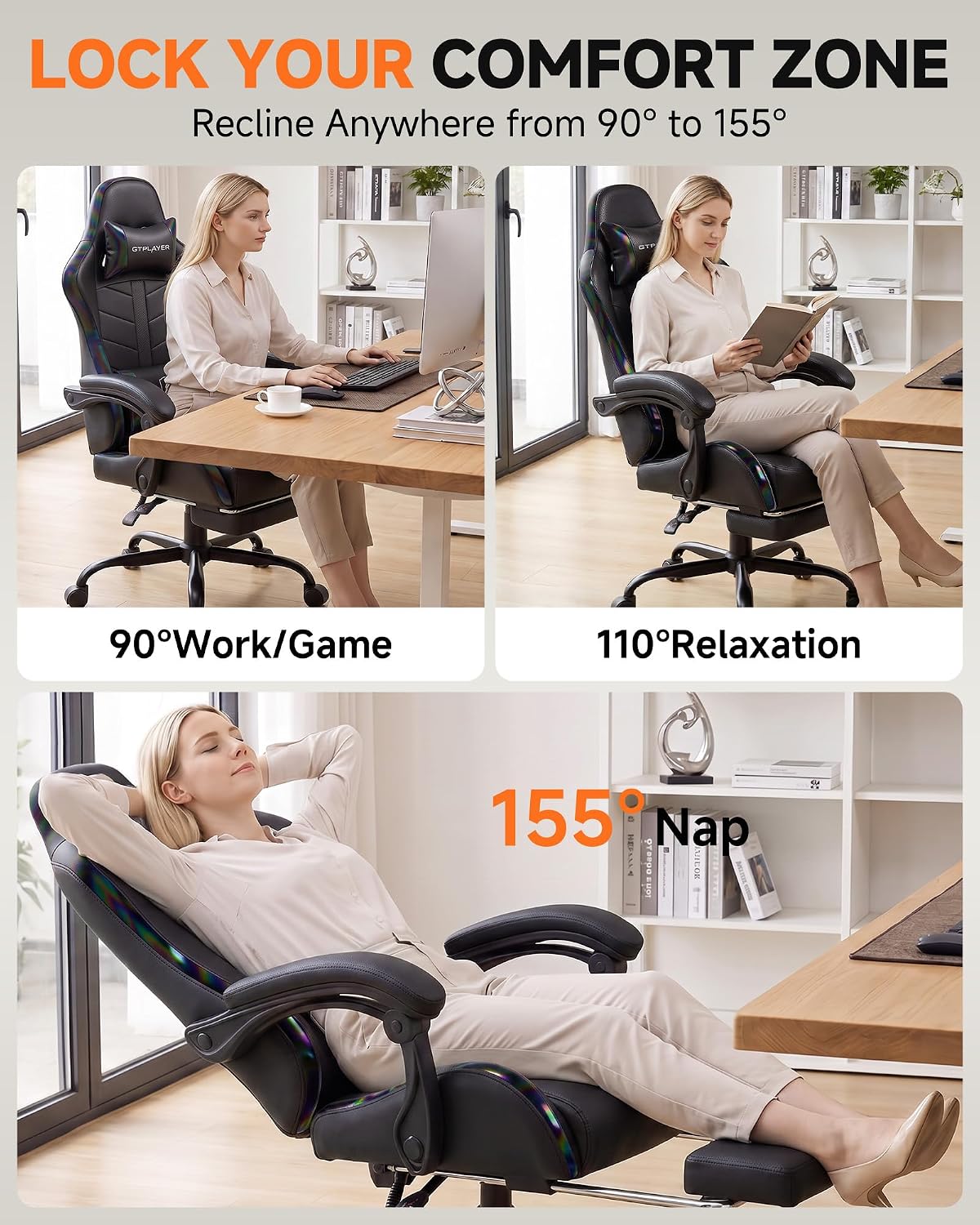 GTPLAYER Gaming Chair for Adults, Computer Chair with Footrest, Black - Image 5