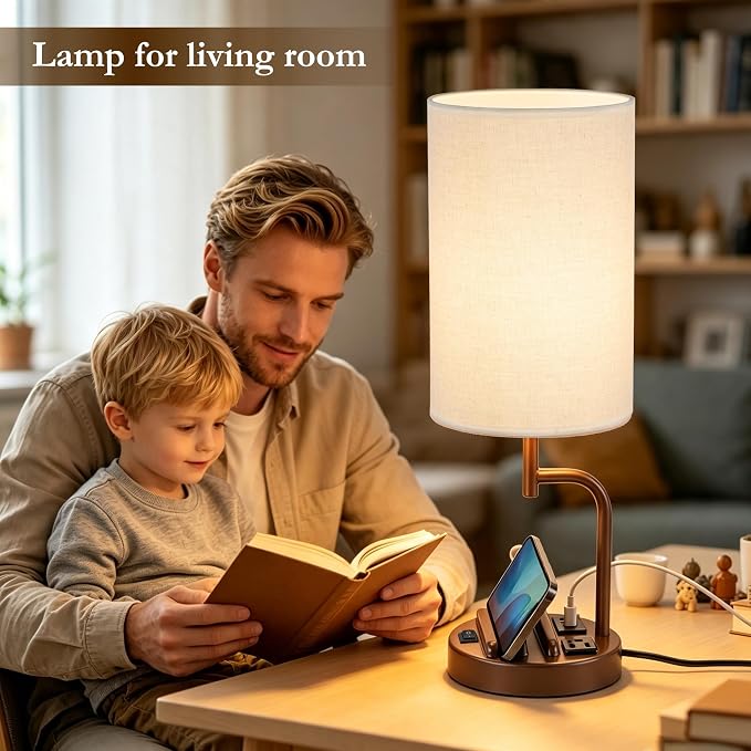 Dreamholder 2 Pack Table Lamp, Bedside Lamp with 3 USB Charging Ports & AC Outlet, USB Desk Lamp with 2 Phone Holders, Linen Fabric Shade Nightstand Lamps for Bedroom Living Room Office, Coffee Brown - Image 7
