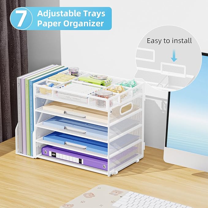 Marbrasse 5-Tier Desk Organizer with File Holder,Paper Letter Tray Organizer,Desktop File Organizer with Adjustable Compartments,Mesh Desk Organizers and Accessories for Office Supplies,White - Image 4