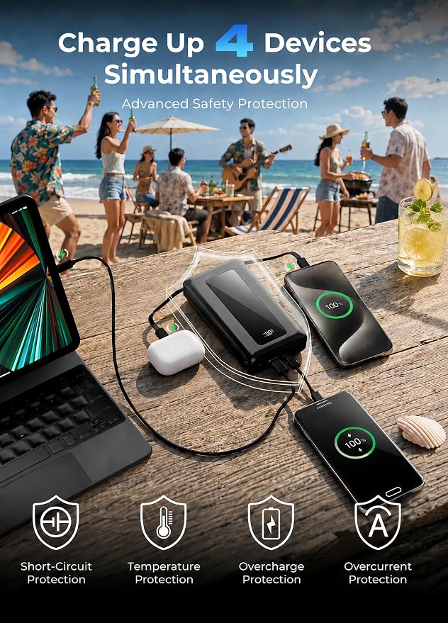 50000mAh Portable Charger Power Bank, Fast Charging with Built in Cables | Ultra-High Capacity, Travel Essential, Charge 4 Devices, Flashlight, for iPhone 17/16/15 Series, Samsung, iPad & Laptops Onyx - Image 6