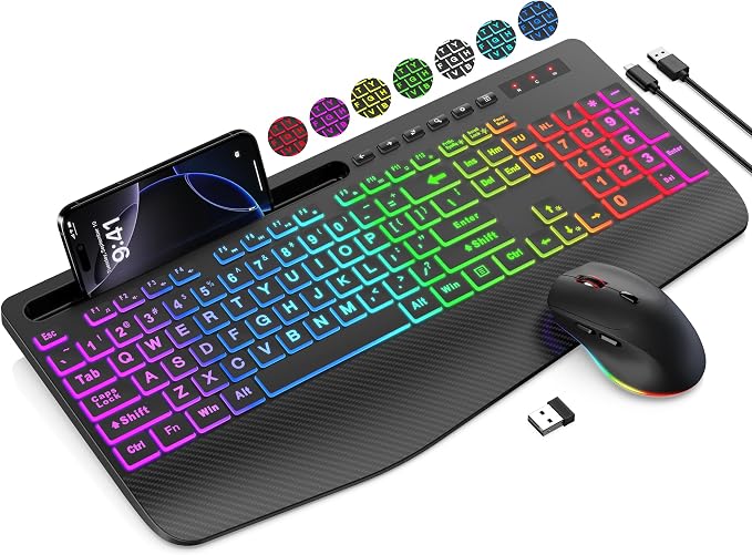 Wireless Keyboard and Mouse Combo, 9 Backlit Effects, Large Print | Phone Holder, 2.4G Lag-Free Ergonomic Keyboards, KM22 MAX Rechargeable Easy to See Set for Computer, Laptop, PC by SABLUTE