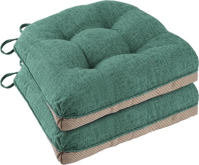 Chair Cushions for Dining Chairs Set of 2, 18"x18"x3", Green | Non-Slip with Ties, Tufted, Faux Linen, Seat Cushions for Dining Room Kitchen Breakfast Nook Indoor Home Office Living Room by FlyGulls