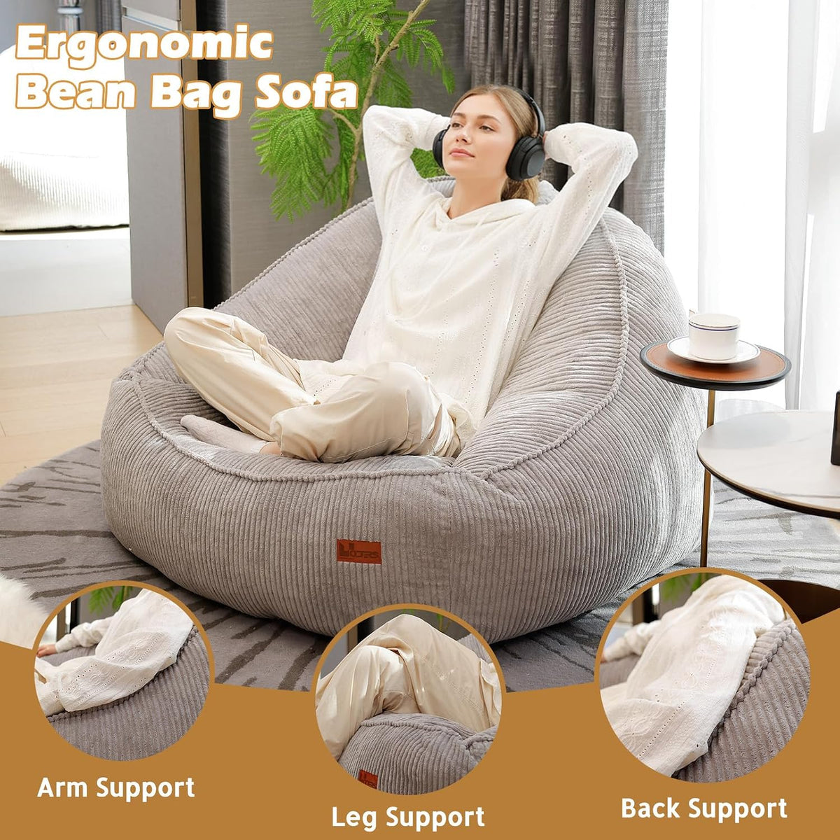 Giant Bean Bag Chair for Adults Teens and Kids, Cozy Fluffy Corduroy Beanbag Chair with Filler Large Floor Lounge Sofa for Living Room, Bedroom (L-Light Grey) - Image 3