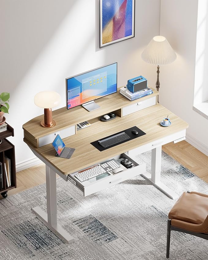 HUANUO 55 x 30 inch Electric Standing Desk with 2 Wood Drawers, Adjustable Height Sit Stand Desk for Home Office, Ergonomic Stand up Desk with 4 Memory Presets, 176 lbs Capacity, Natural Top - Image 4