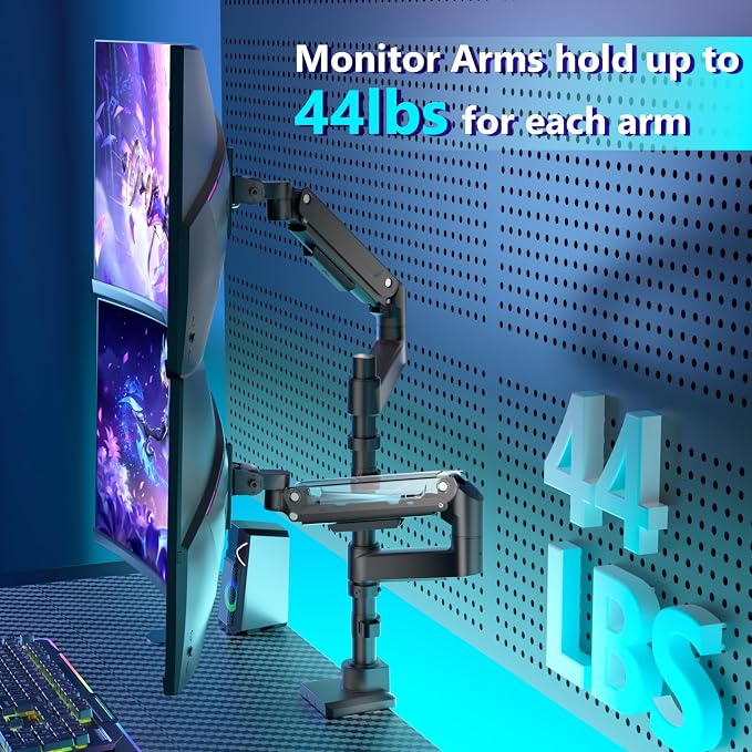 WALI Vertical Dual Monitor Arm for 13-49 inch Curved Screens, up to 44 lbs | Heavy Duty Stacked Ultrawide Monitor Arm, Full Motion with Tilt, Swivel, Rotation, C-Clamp & Grommet Base, VESA 75/100mm - Image 6