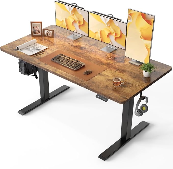 CubiCubi 55 x 28 One-Piece Electric Adjustable Standing Desk, Rustic Brown | Height Adjustable Electric Large Computer Home Office Sit Stand up Workstation, with Memory Presets, Headphone Hook by CubiCubi