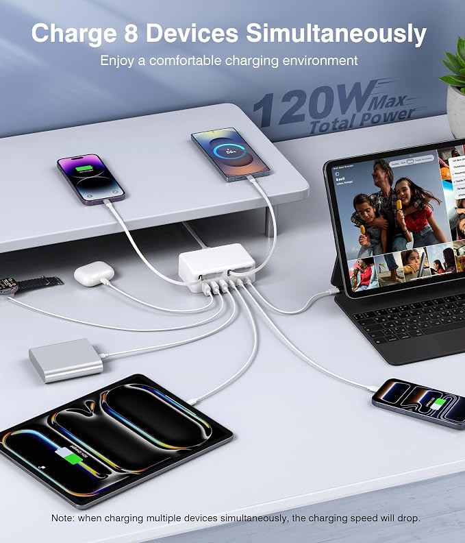 Upgraded 8-in-1 Retractable USB C Charger Block, 120W GaN Multi Charging Station Hub with Lightening & Type C Cable, Travel Essential USB C Power Strip Plug for iPhone 17 16 15 14 Pro Max iPad Galaxy - Image 5