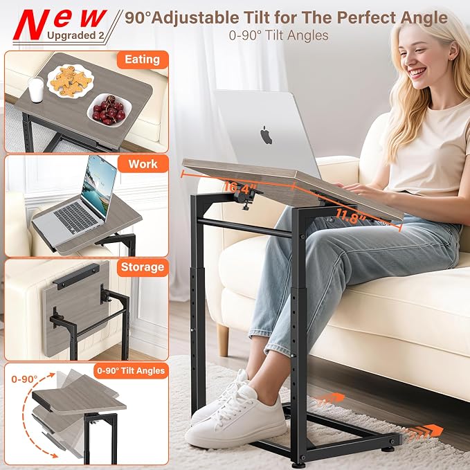 Tv Tray Table, 8-Level Adjustable Height Couch Side Table，90° Tilt Angle Adjustments C-Shaped End Table, with Phone & Tablet Slot Computer Desk for Sofa, Bed, Chair, Living Room（Lvory Gray） - Image 3