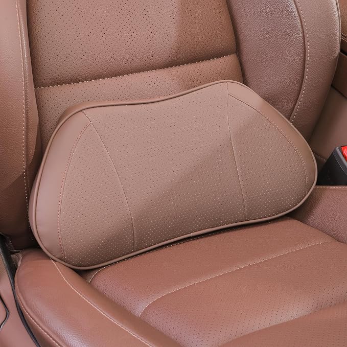 Car Lumbar Support Pillow for Driving Seat, Brown, 1 Pack | Leather Memory Foam Lumbar Cushion for Lower Back Pain Relief, Universal Back Support for Driving, Home & Office Chairs by Dapucarin