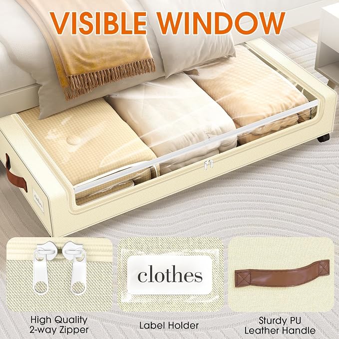 Under Bed Storage with Wheels 3Pack Storage Containers with Clear Window | Under Bed Drawers Rolling Under Bed Storage for Clothes,Shoes, Blankets (30.71 x 16.93 x 6.69 in, Beige) - Image 3