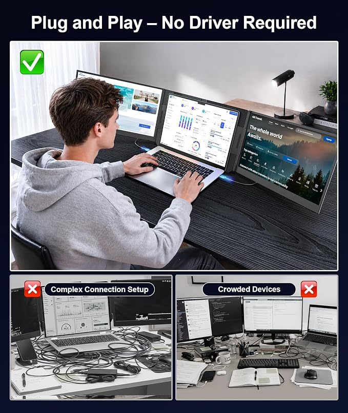 15.6" Laptop Screen Extender, FHD 1080P IPS Triple Portable Monitor | Fits 12"–17.3" Laptops, Ultra-Slim Travel Monitor, USB-C & HDMI Plug & Play, Compatible with Windows/Mac/Android - Image 4