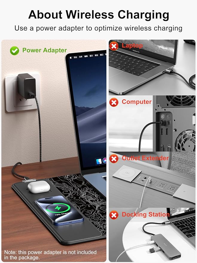 TopMade Mouse Pad with 15W Fast Wireless Charging, 31.5"x15.75" XXL Large Gaming Waterproof Desk Pad with Ultra-Smooth Surface, Non-Slip Base, Computer Desk Mat, Black Topographic Map #3 - Image 5