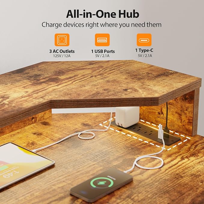 Agilestic 63*35 Inch L Shaped Standing Desk with Shelf & Led& Outlet, Brown | Outlets&Led, Monitor Shelf, L-shape Workspace, Sturdy Steel Frame, Memory Preset, Hooks, 154 lbs, Easy Assembly, Splice Board - Image 6