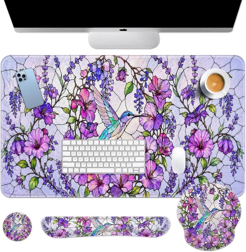 Keyboard Mouse Pad Set, 4 in 1 Desk Mat Set, Floral Hummingbird by Britimes