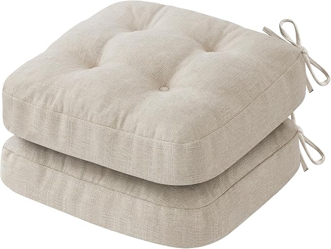 IASEAHK Chair Cushions for Dining Chairs, Dining Chair Cushions, Tufted Indoor Chair Pads with Ties & Non Slip Backing, Seat Cushions for Kitchen Chairs 16.5” x 16.5” x 3.5”, Set of 2, Beige by IASEAHK