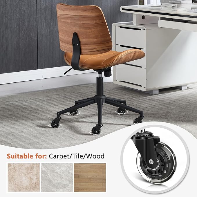 Home Office Desk Chair with Rubber Wheels, Armless Bentwood, Brown | Adjustable Height Armless Office Chair, PU Leather Mid Back 360°Small Computer Chair, No Arms Walnut Seating, 300LBS Support - Image 7