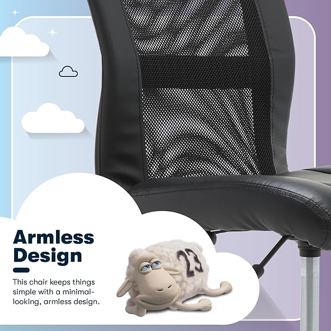 Serta Armless Small Home Desk Chair with Wheels, Ergonomic Mesh Back Chair | Essentials, Leather & Foam Cushion Seat, Adjustable Height, Small Vanity Chair for Bedroom, Small Spaces Desk Chair, Black - Image 6