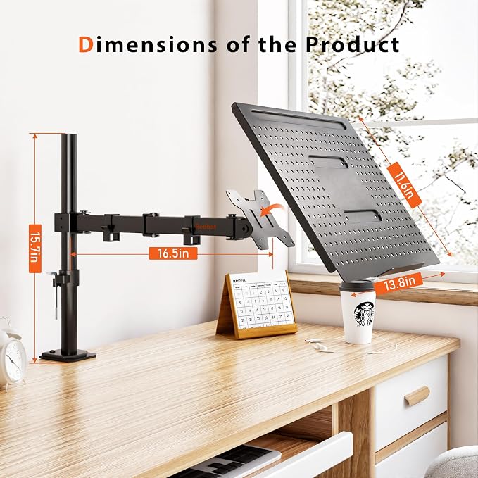 BONTEC Laptop Arm for Desk, 13-32 Inch, 22lbs, VESA 75/100 Compatible | Fully Adjustable Monitor Arm with Vented Tray for LCD Screens and Notebook up to 17", Dual Mounting Options - Image 5