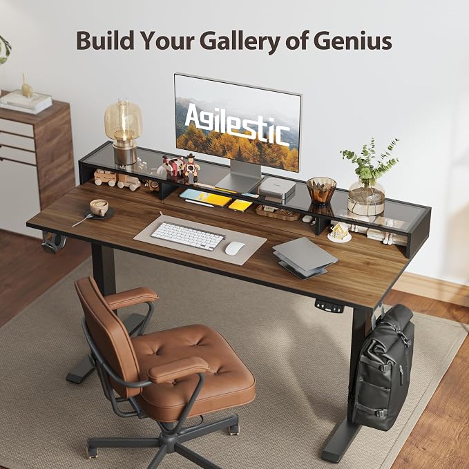 Agilestic 48 * 24 Inch Electric Standing Desk with Glass Shelf, Dark Walnut | Electric Height Adjustable, 2 Storage Drawer, Monitor Stand, Sturdy Steel Frame, Memory Presets, Hooks, 154 lbs, Splice Board - Image 5
