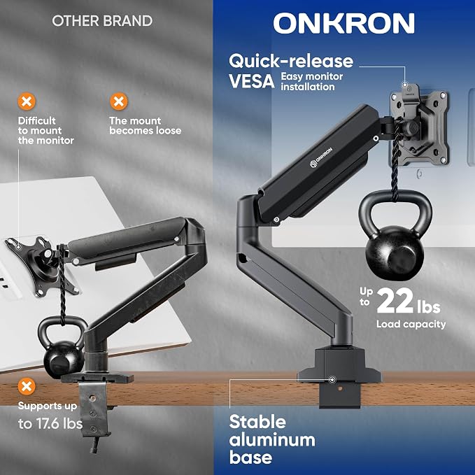 ONKRON Monitor Arm Desk Mount 13-32 Inch, 22 lbs, max VESA 100x100, Black | Single monitor mount with 19.1" extension, gas spring, swivel, tilt, rotation; C-clamp or grommet mount for office & gaming - Image 4