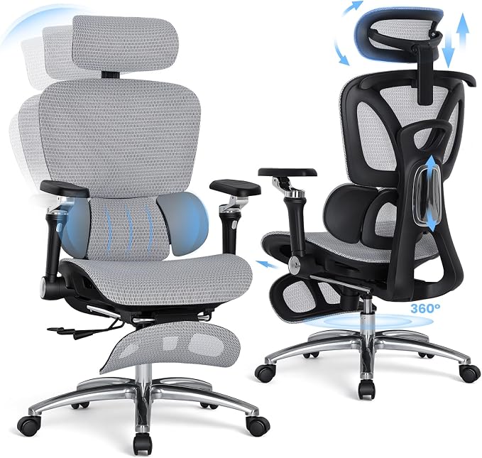 MALOL Ergonomic Office Chair, 400lbs High Back Mesh Desk Chair with 6D Armrests, 3D Headrest, Adjustable Lumbar Support, Seat Depth Adjustment, Tilt Lock, Metal Base & PU Wheels, Grey by MALOL