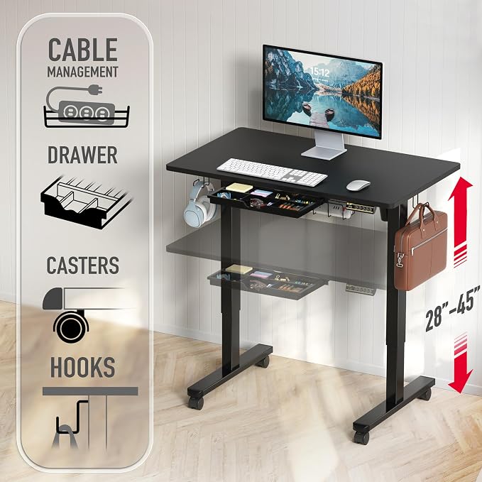 SHW Mobile Electric Height Adjustable Standing Desk w/Drawer, Black | 40" Wide Top | w/ Memory Presets and Cable Management | Drawer with adjustable compartments | Hanging Hooks - Image 4