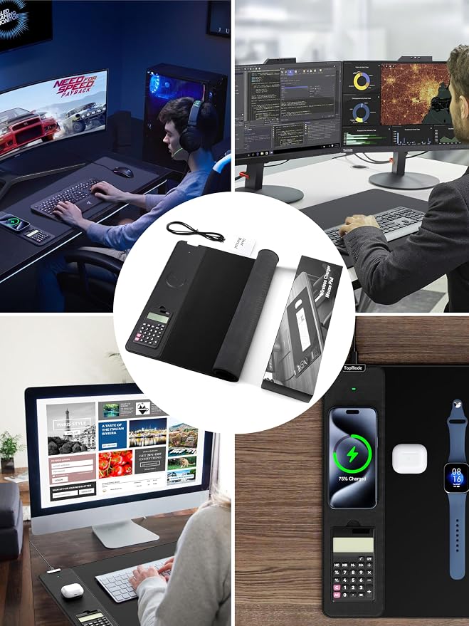 TopMade Mouse Pad with 15W Wireless Charging, Removable 8-Digit Solar Calculator, 31.5" x 15.75" XXL Large Desk Pad, Gaming Computer Keyboard Pad, Waterproof Mousepad Home Office Desk Mat, Black - Image 8