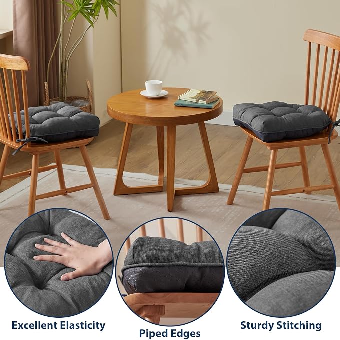 IASEAHK Chair Cushions for Dining Chairs, 15.5" x 15.5" x 4", Dark Grey | Set of 4, Tufted Foam, Non Slip, With Ties, Machine Washable,Seat Cushions for Indoor&Kitchen&Dining Room - Image 5