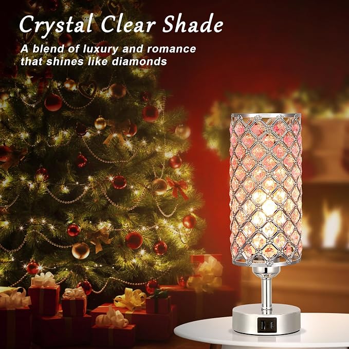 Crystal Table Lamp, 3 Way Dimmable Touch Lamps for Night Stands, Pink | Pink Crystal Touch Lamp with USB C+A, 3-Way Dimmable Bedside Lamp - Image 2