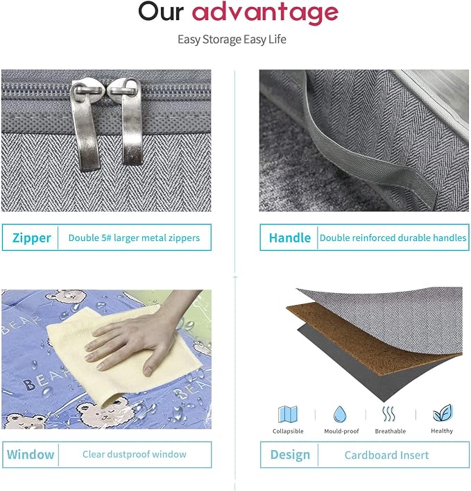 Onlyeasy Breathable Under Bed Storage Bags with 4 Reinforced Handles and Sturdy Side Wall, 2 Pack Eco-friendly Underbed Clothing Blankets Organizer with 2 Strong Zippers, Herringbone Grey, MXRUBBSS2P - Image 5