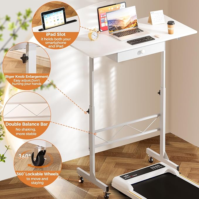COMHOMA Small Standing Desk Adjustable Height Small Computer Desk Mobile Portable Rolling Laptop Table with Wheels 32" Computer Workstation Sit Stand Desks Portable Standing Table Treadmill desks - Image 5