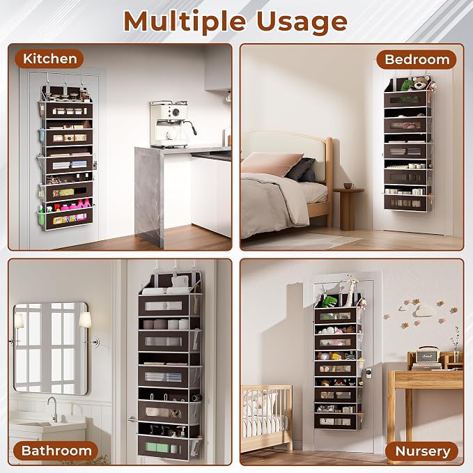 5 Tier Over the Door Organizer for Bathroom, Bedroom, Pantry, Brown | 48 lb Load Capacity, Anti Tilt Design, Hanging Closet Organizer with Clear Windows and 10 Pockets, Door Storage for Nursery - Image 7